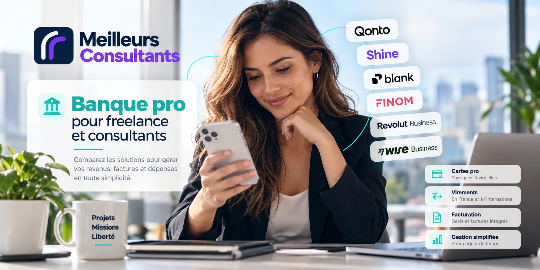 Consultante freelance examinant des solutions de banque professionnelle pour son activité indépendante.