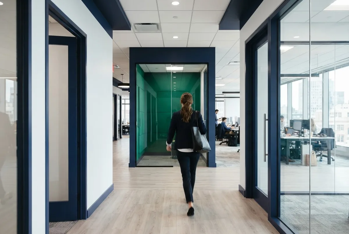 Consultant traversant un couloir entre deux bureaux