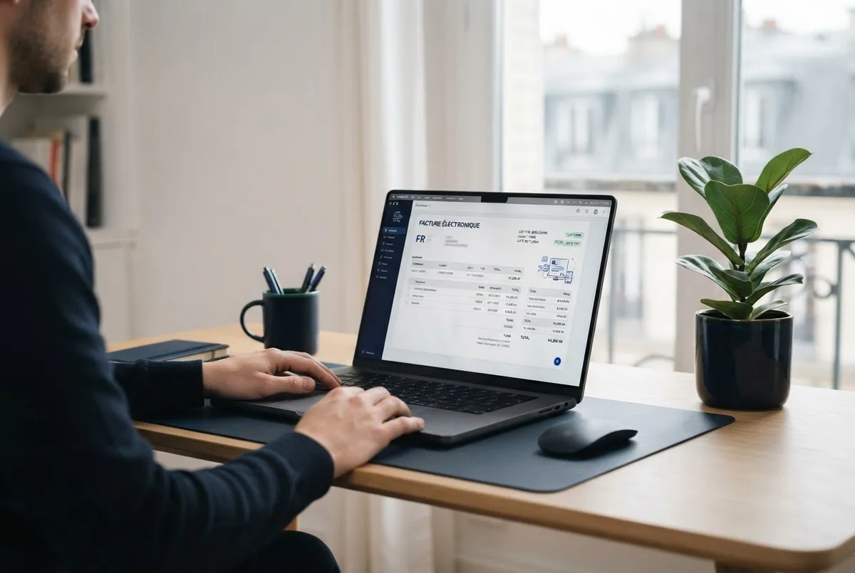 Consultant émettant une facture électronique depuis son ordinateur portable