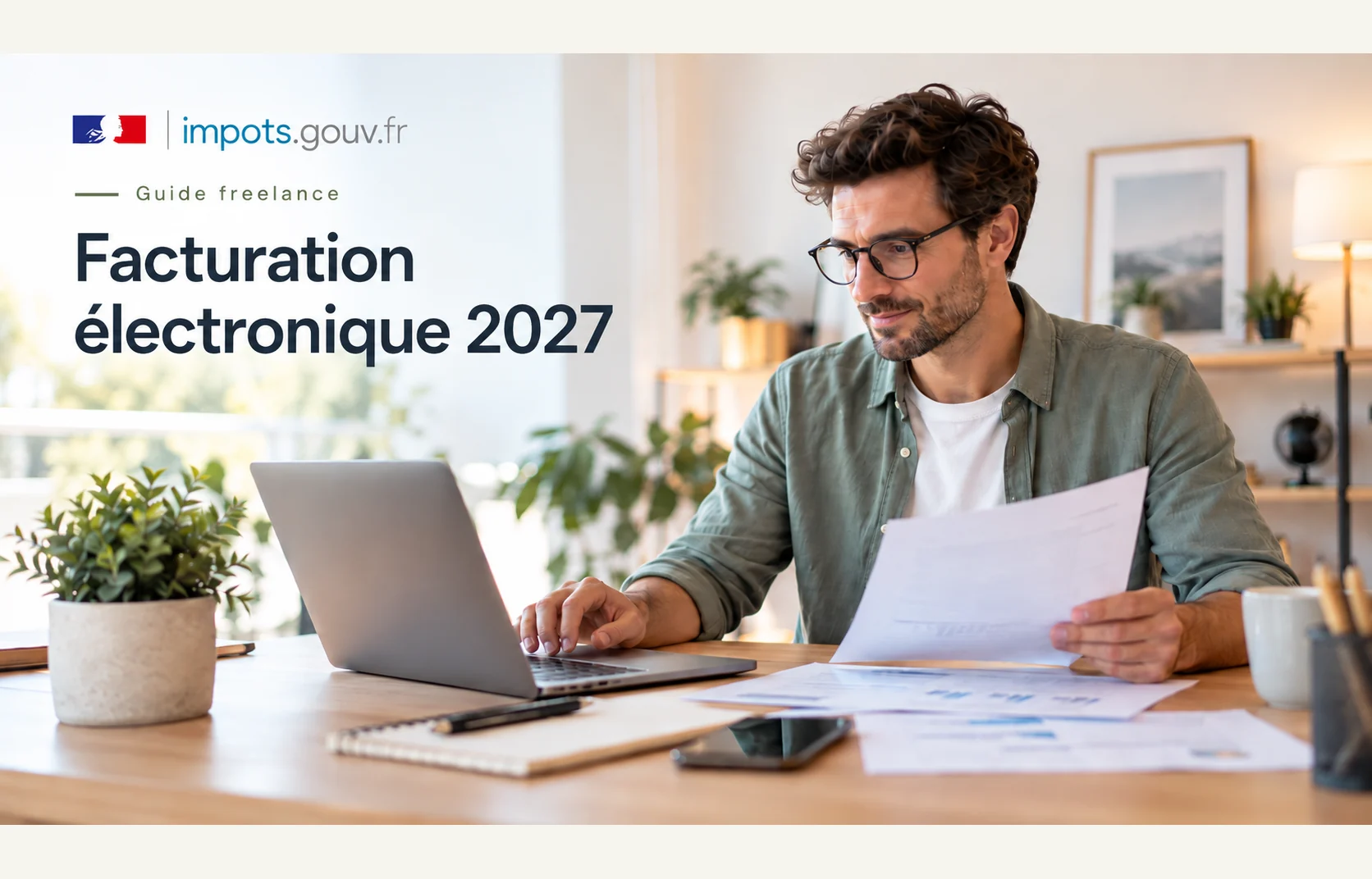 Illustration de la facturation électronique : un freelance examine des documents devant son ordinateur.