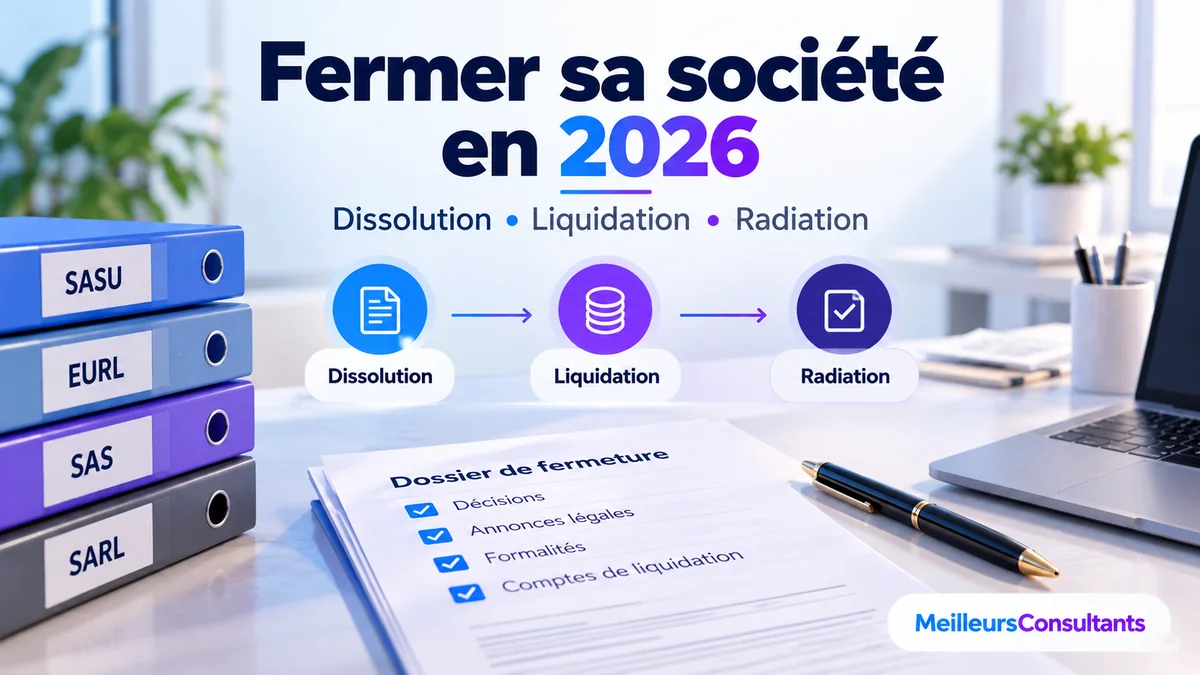 Les trois étapes pour fermer une société en 2026 : dissolution, liquidation et radiation.