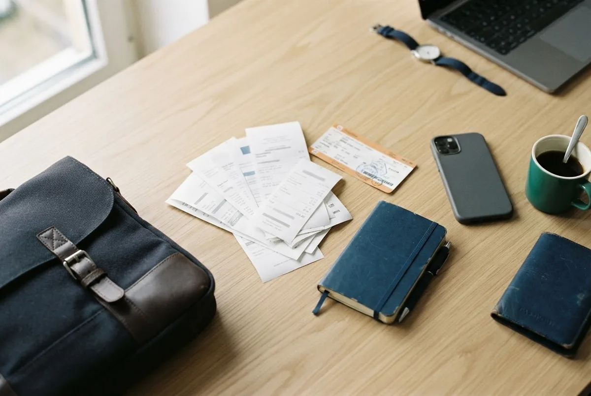 Justificatifs de frais professionnels disposés à plat sur un bureau