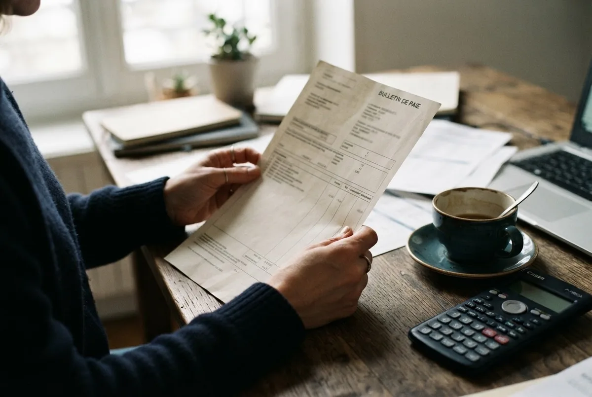 Salariée portée lisant son bulletin de paie