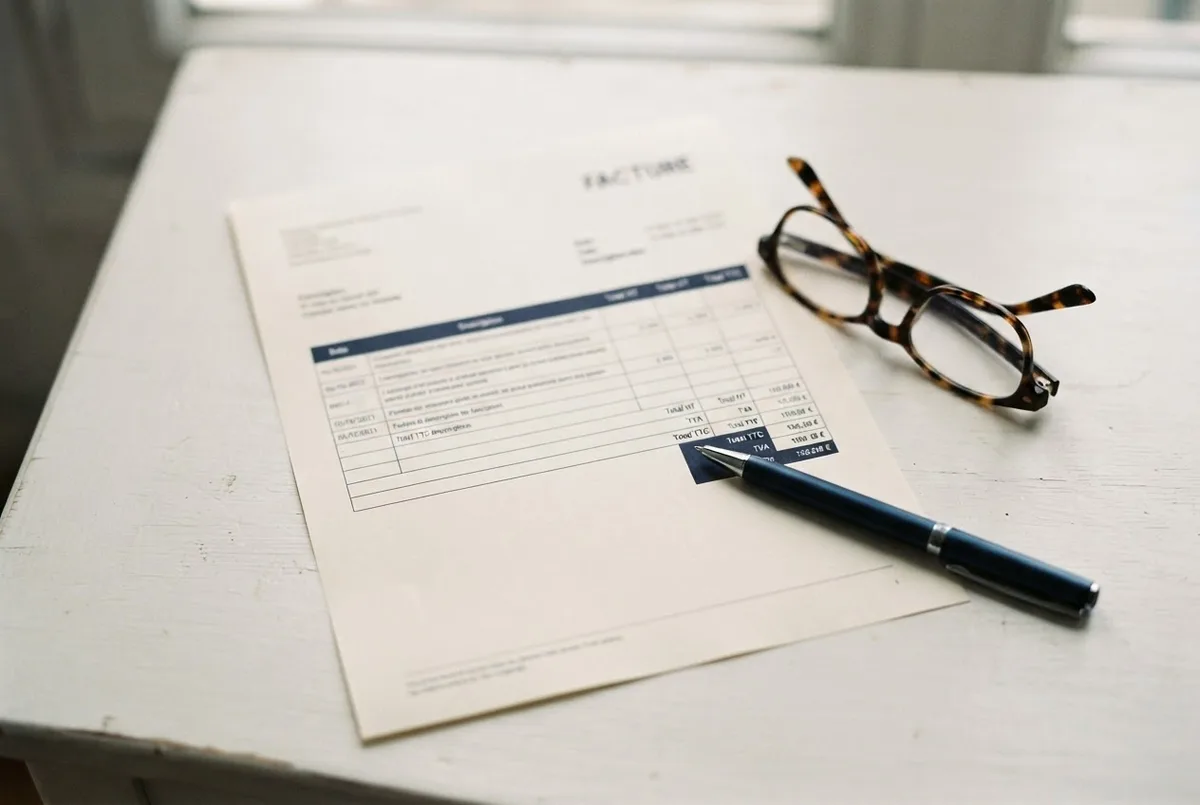Facture imprimée posée sur un bureau avec un stylo et des lunettes