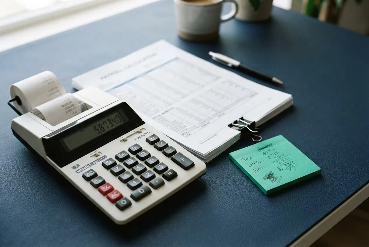 Calculatrice et documents de paie sur un bureau