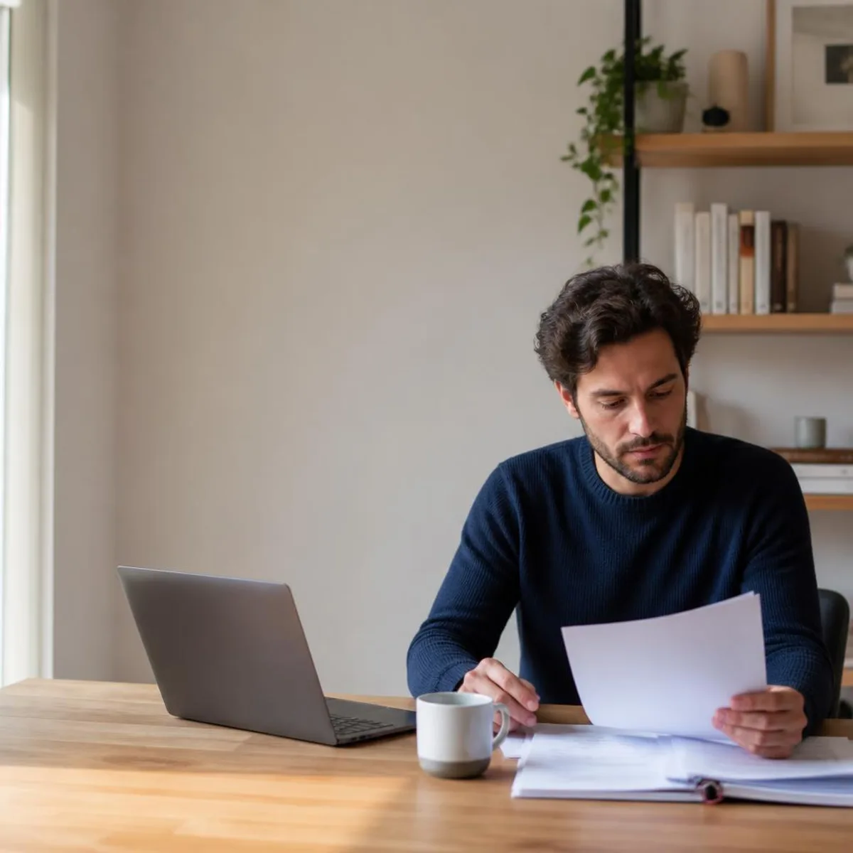 Consultant indépendant examinant des documents de fin de mission dans un bureau lumineux