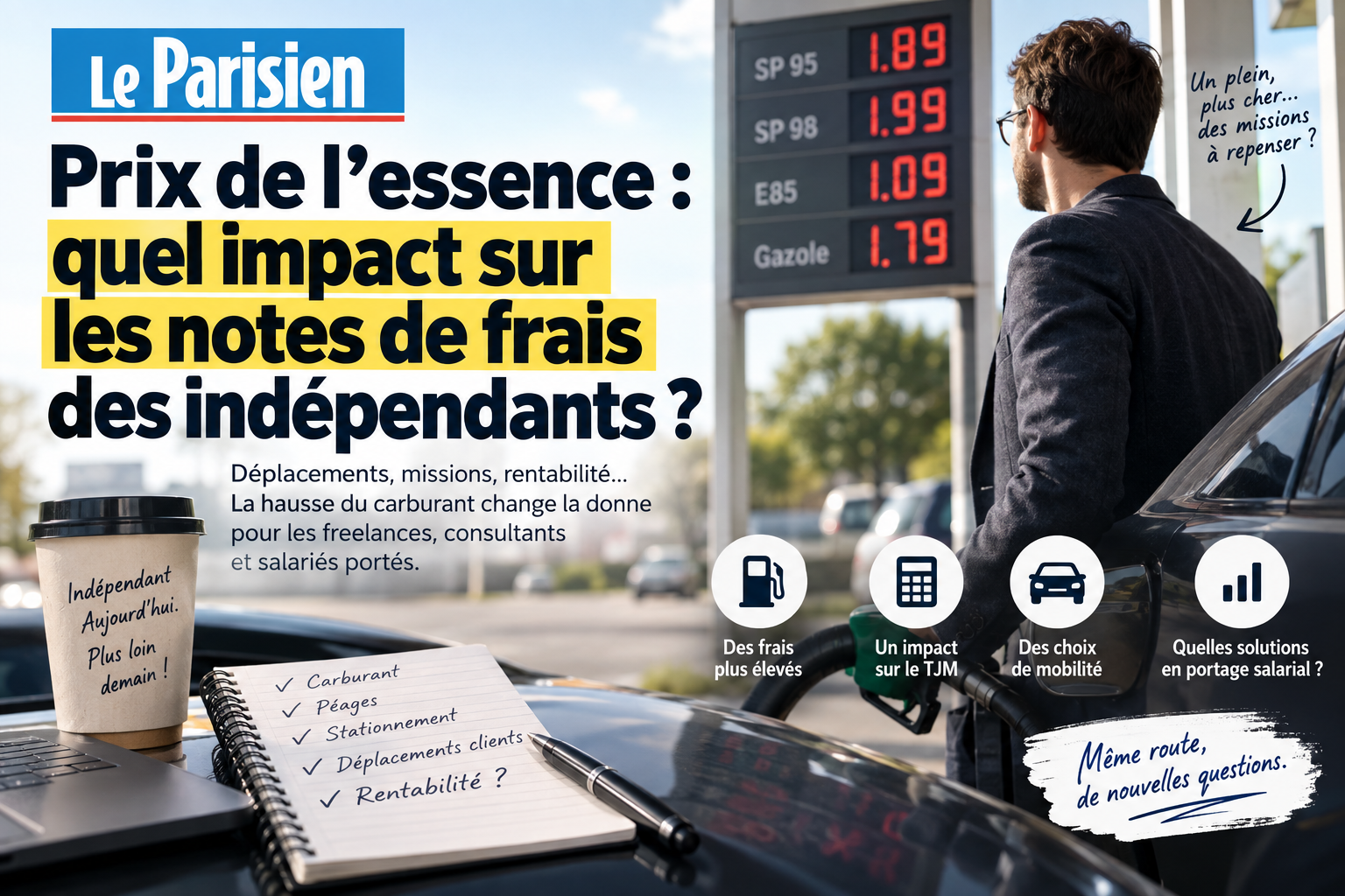 Indépendant faisant le plein avec un prix de carburant affiché et des notes sur les frais professionnels