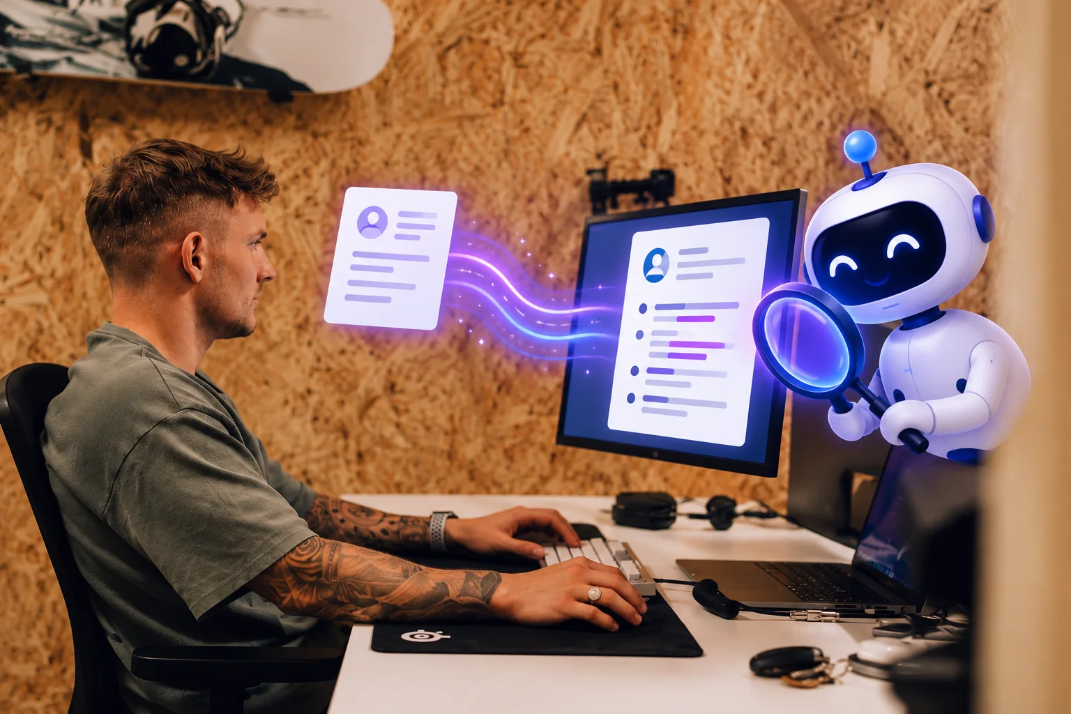 Un consultant examine son CV avec l’aide d’un robot d’intelligence artificielle.