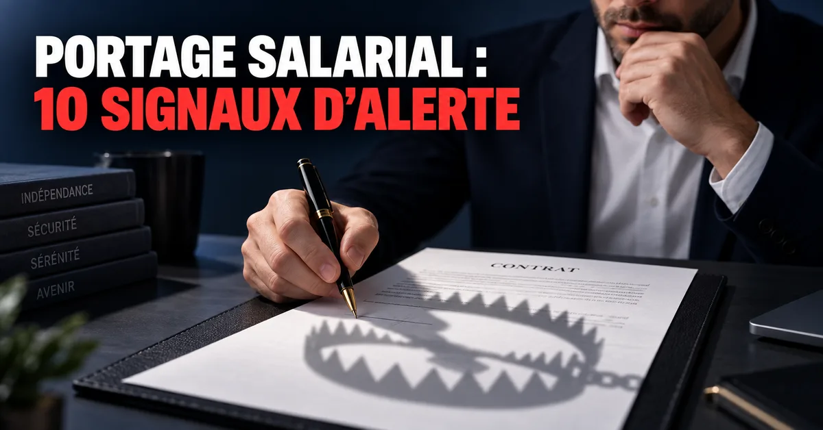 Consultant signant un contrat de portage salarial avec un symbole d’alerte