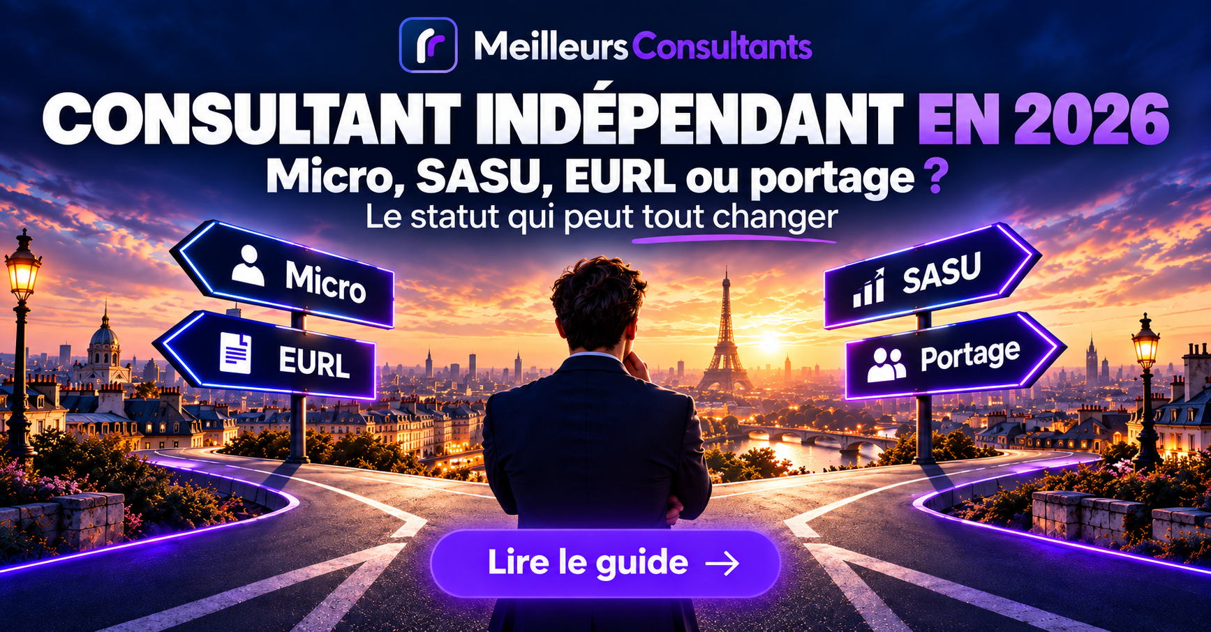 Consultant indépendant à Paris face à plusieurs panneaux directionnels : Micro, EURL, SASU et portage salarial.